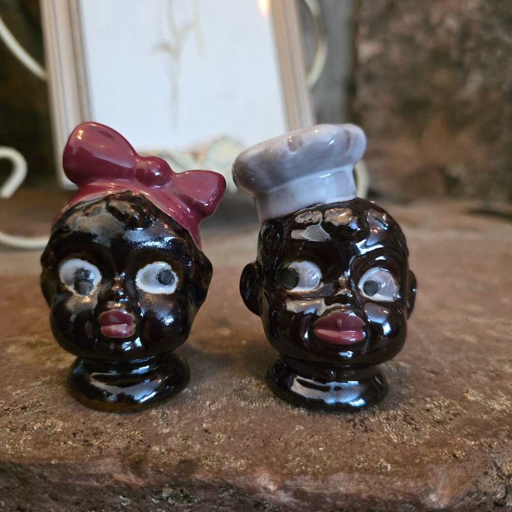 Vintage 1940's Japan Ceramic Salt and Pepper Shakers Chef and Girl with Bow Set